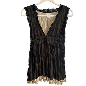 Odille Anthropologie Pleated Lace Trim Top 8 Black Tan Fairygoth  Sleeveless